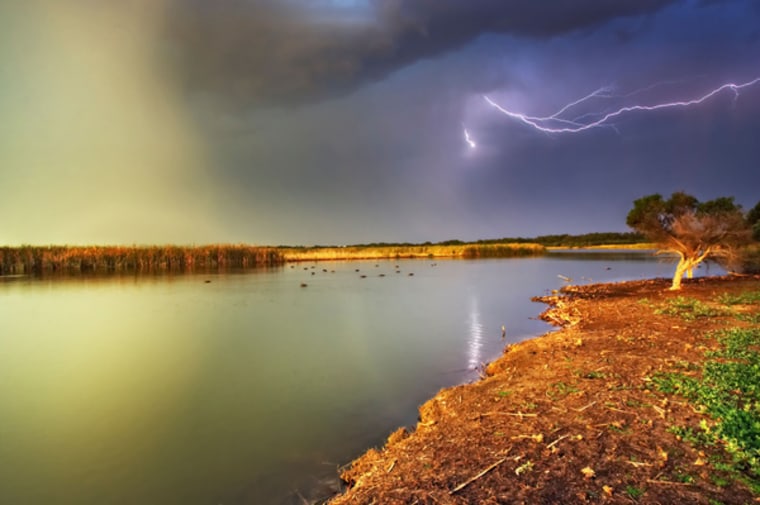 AN7P6T Cloud-to-cloud lightning strike reflected on Herdsman Lake at sunset. Perth, Western Australia